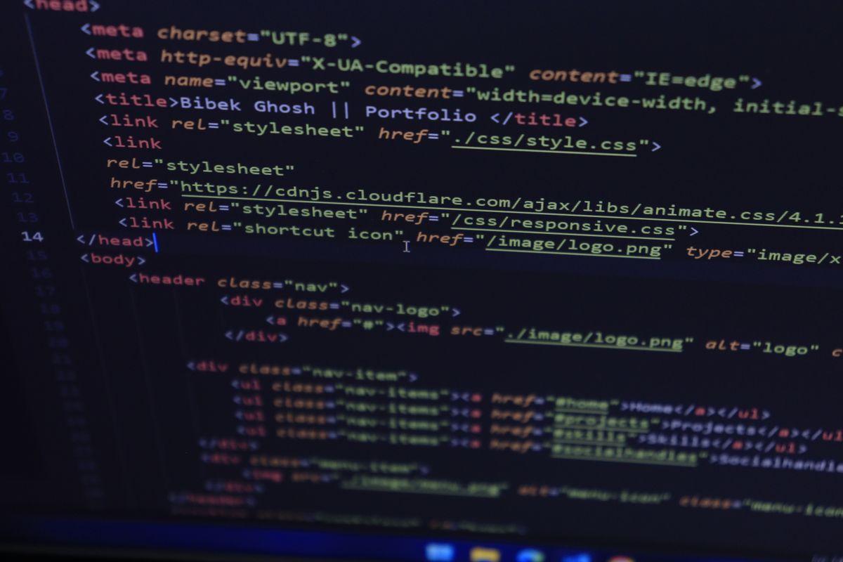 Close-up of HTML and CSS code during website development